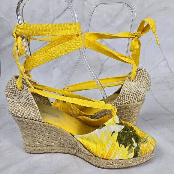 L. K. Bennett Size 40 (US 8.5) Yellow Lace Up Wedge Heels Floral Print Textile - Picture 8 of 16